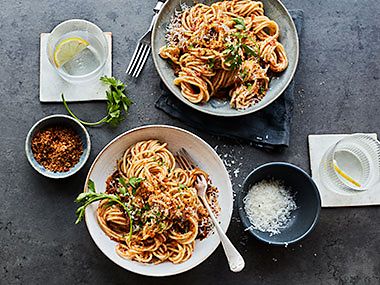 Sundried tomato spaghetti with anchovies, parsley, parmesan and sundried tomato breadcrumbs