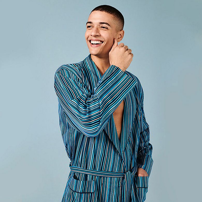Man wearing blue striped dressing gown