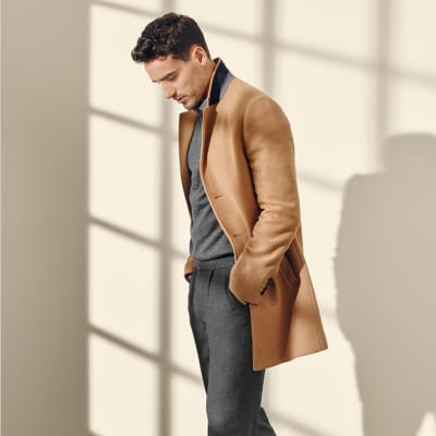 Man wearing camel wool coat and jumper