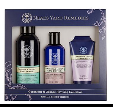 Neal’s Yard Remedies geranium and orange reviving set including shower gel, body lotion and hand cream
