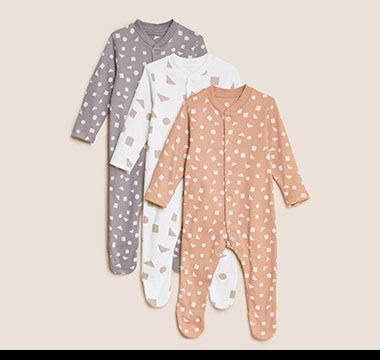 Three-pack pure cotton geometric-print sleepsuits