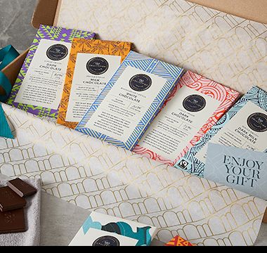 Gift set of luxury single-origin chocolate bars in a letterbox-sized box. Shop now. 
