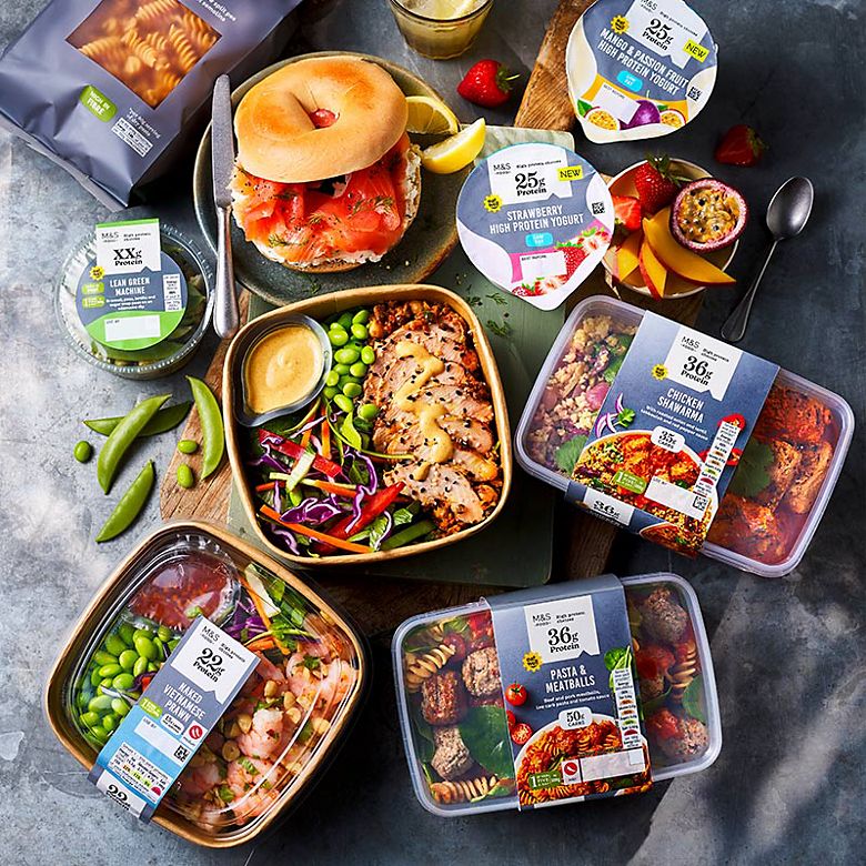 A selection of high-protein M&S meals and snacks. Find your nearest M&S store