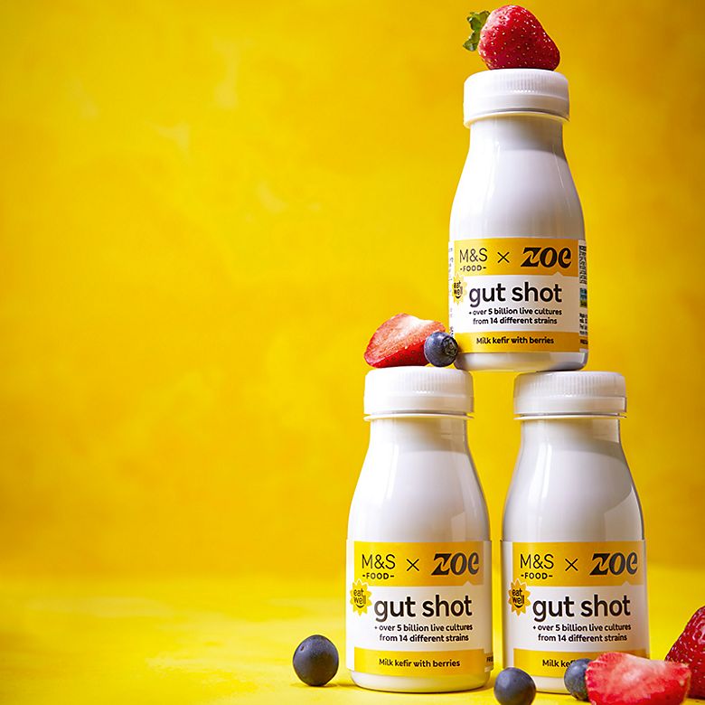 Three bottles of M&S Food x ZOE gut shot. Learn more