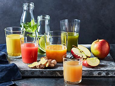 Selection of healthy fruit juices and smoothies