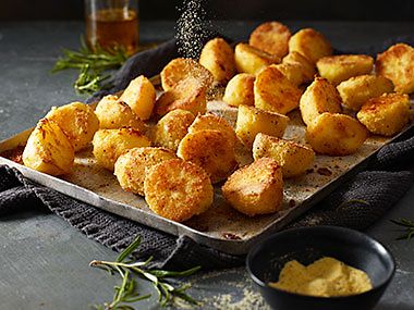 Roast potatoes on a baking tray