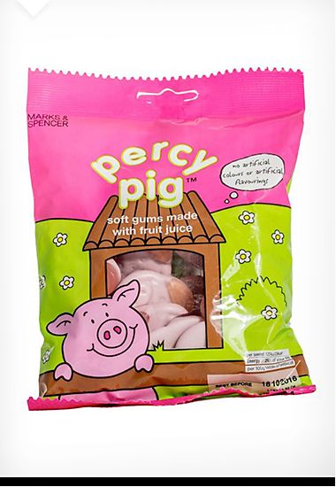 Percy Pig pink fruit sweets packaging, 1990-00s