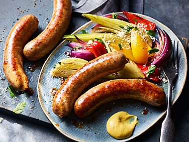 Sausages with mustard and roasted veg