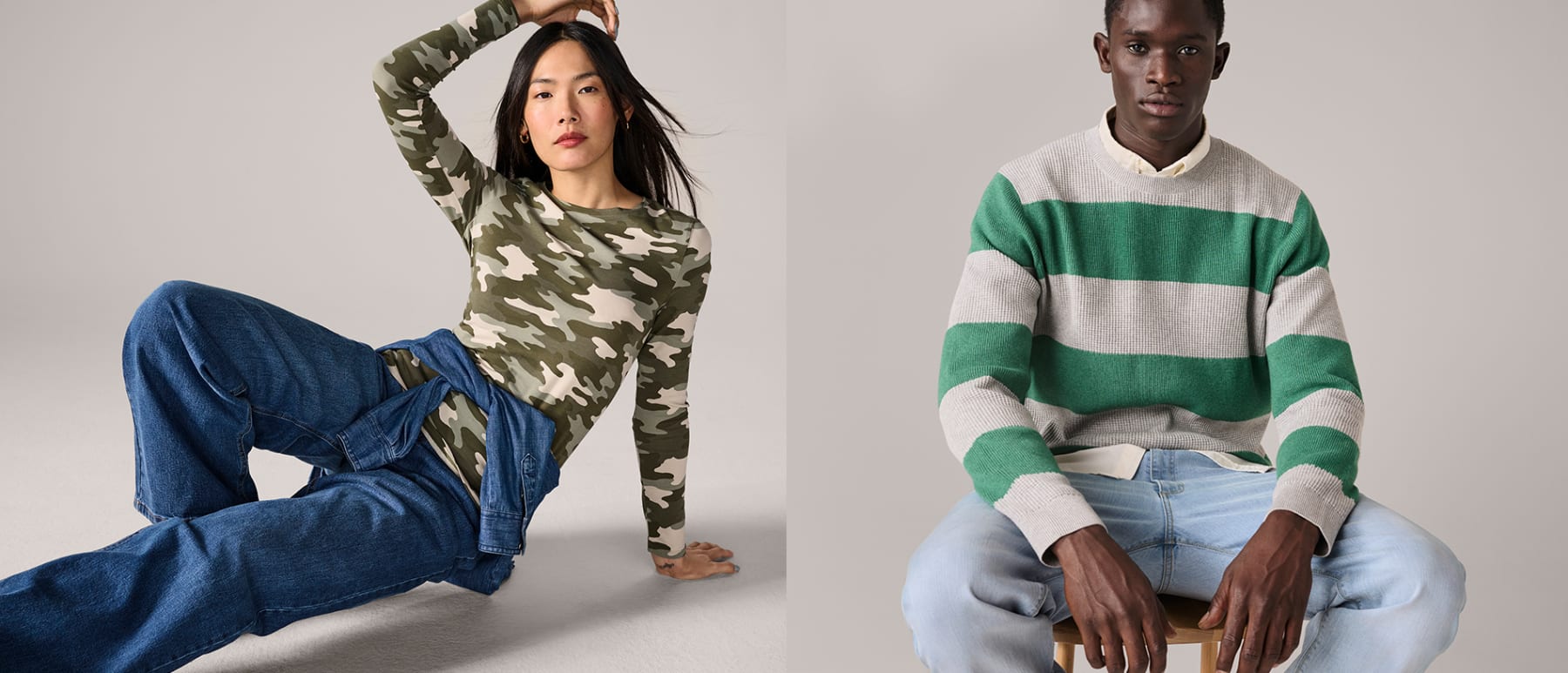 Man and woman wearing jeans. Shop now