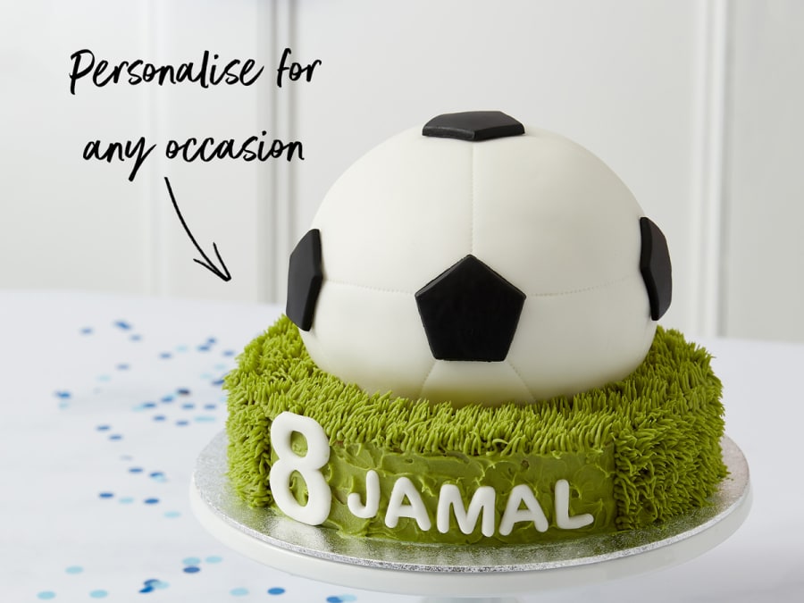 Personalised football cake with 'Jamal' decoration. Shop party food