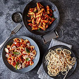 Penne, farfalle and spaghetti pasta dishes