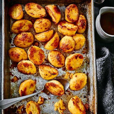 Goose fat potatoes in a roasting tray