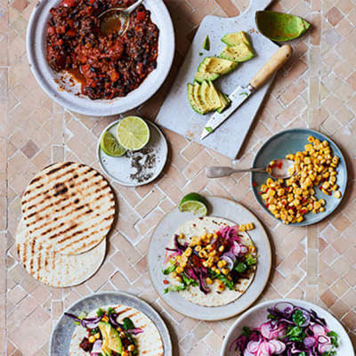 Black bean tacos with slaw, avocado and sweetcorn