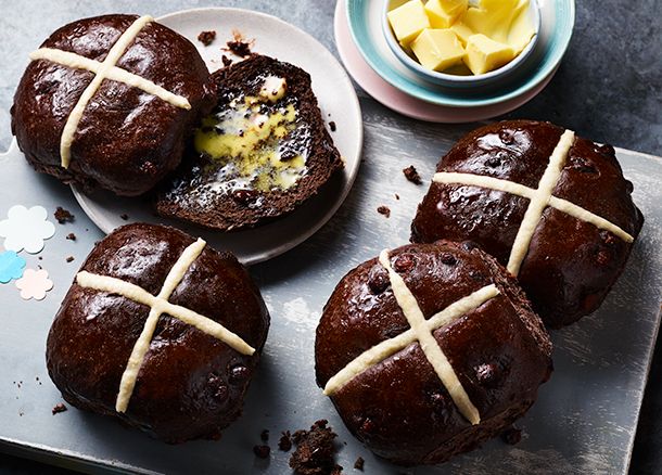M&S Extremely chocolatey hot cross buns on grey slate board