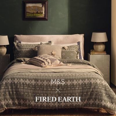 Bed and bedroom made with pieces from the M&S x Fired Earth collection. Shop brands for your home