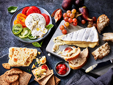 A selection of our cheeses: burrata, brie, mango Stilton