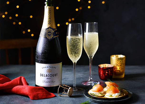 M&S Delacourt Champagne with two flutes and salmon blinis