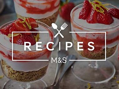 M&S Recipes logo on strawberry dessert background