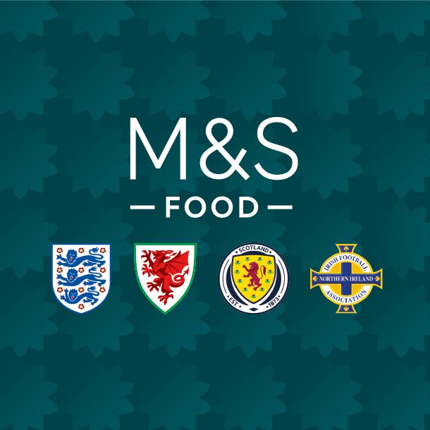 The M&S Food logo and the logos of the England, Wales, Scotland and Northern Ireland football teams