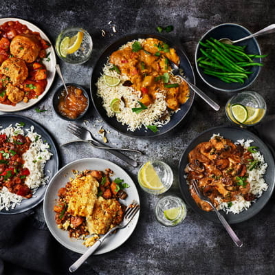 Selection of vegetarian prepared meals served in bowls