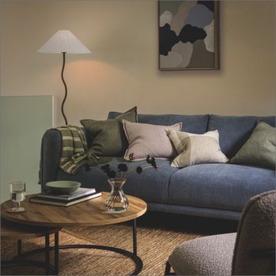 Blue sofa set with cushions and throws. Shop sofas, armchairs and living room furniture