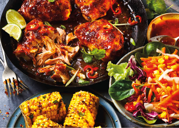 Fajita chicken, salad and corn