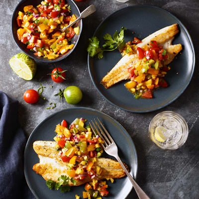 Sea bass with tomato and mango salsa