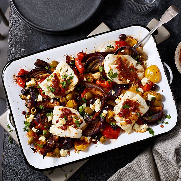 Moroccan-inspired cod tray bake