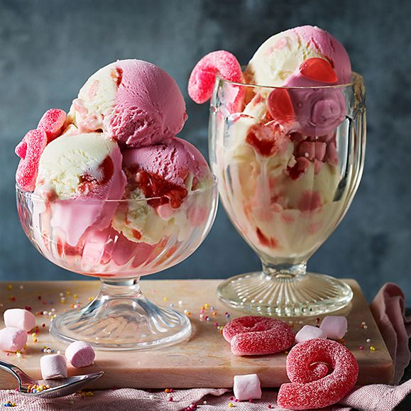 Percy Pig ice-cream served as sundaes in glasses