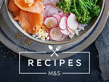 M&S Recipes logo on strawberry dessert background