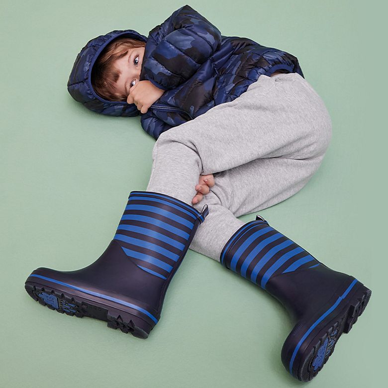 Child wearing navy puffer coat, grey joggers and blue striped wellies