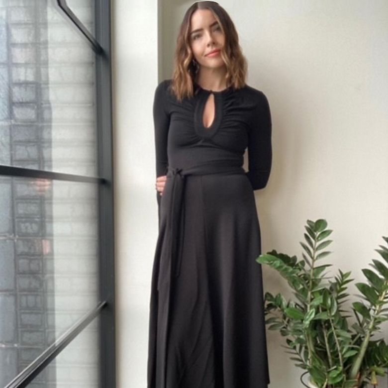 M&S Insider Caley wearing black Jaeger cut-out maxi swing dress