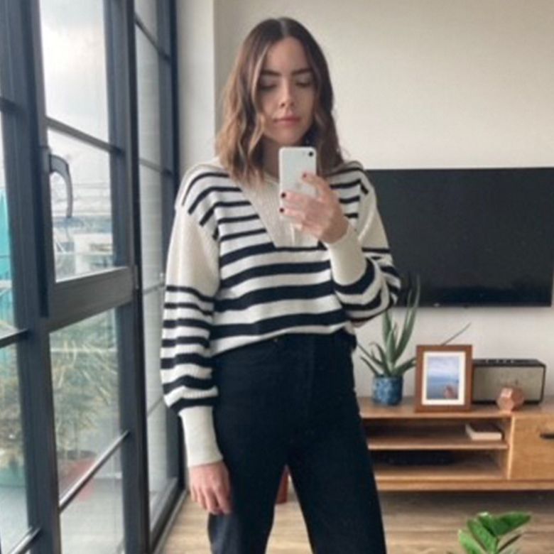 M&S Insider Caley wearing Autograph black and white striped jumper