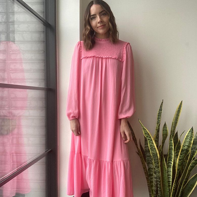 M&S Insider Caley wearing pink maxi smock dress 