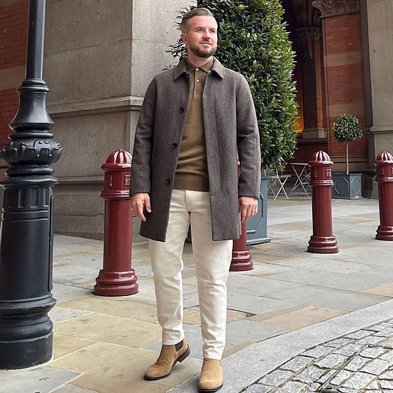 M&S Insider Rob wearing brown checked car coat and cream trousers. Shop men’s coats & jackets