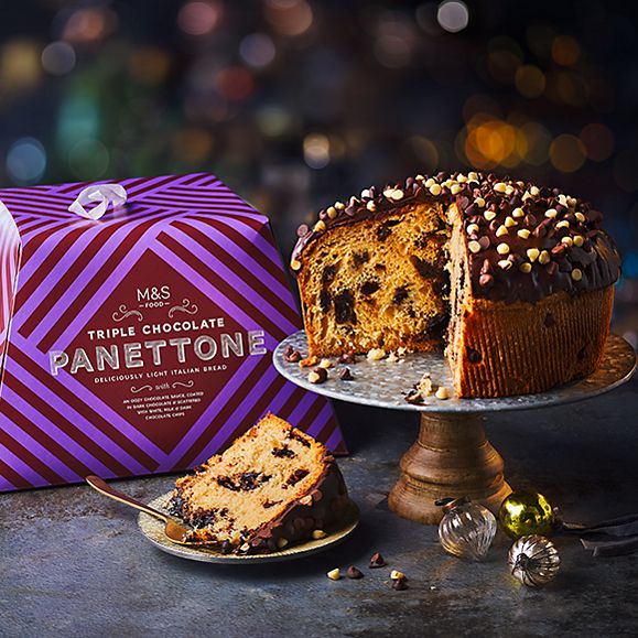 M&S triple chocolate panettone on cake stand