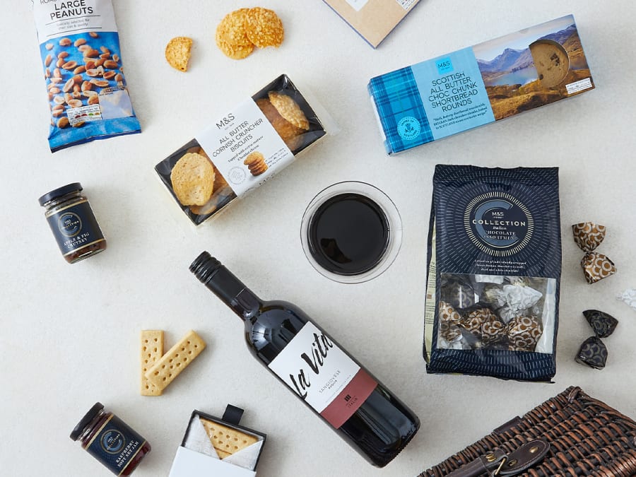 Foodie hamper gifts, including wine, biscuits, chocolates and more