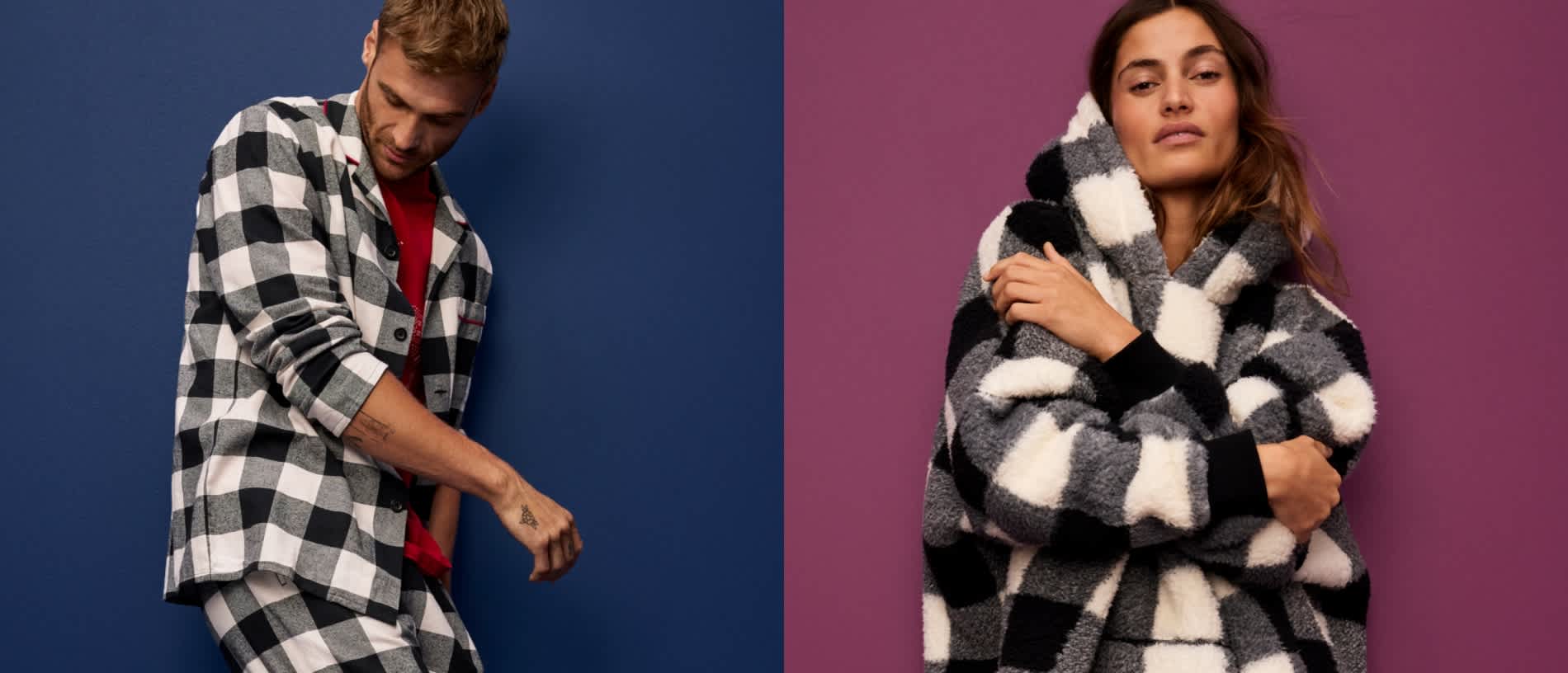 Man, woman and boy wearing matching Christmas pyjamas. Shop women’s nightwear