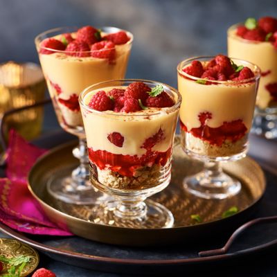 Raspberry and custard puddings in glasses