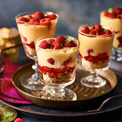 Raspberry and custard puddings in glasses