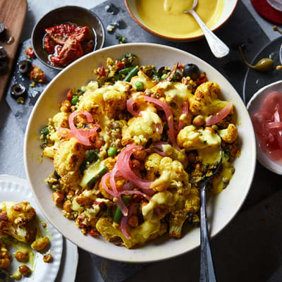 Coronation cauliflower, chickpea and grain salad
