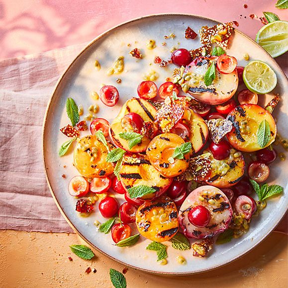 Charred stone fruit salad with pistachio brittle