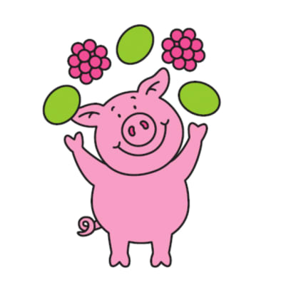 Percy Pig juggling fruits