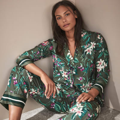 Floral Print Satin Pyjama Set Green