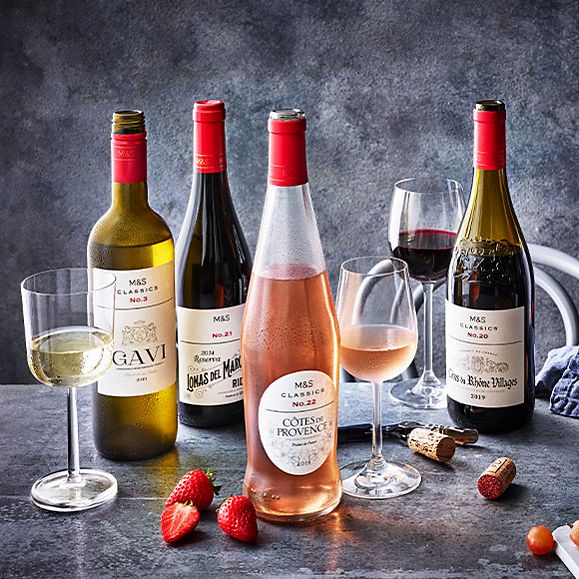 Bottles and glasses of wine from the M&S Classics range