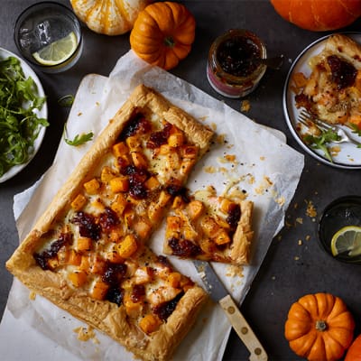 Pumpkin, taleggio and caramelised onion tart