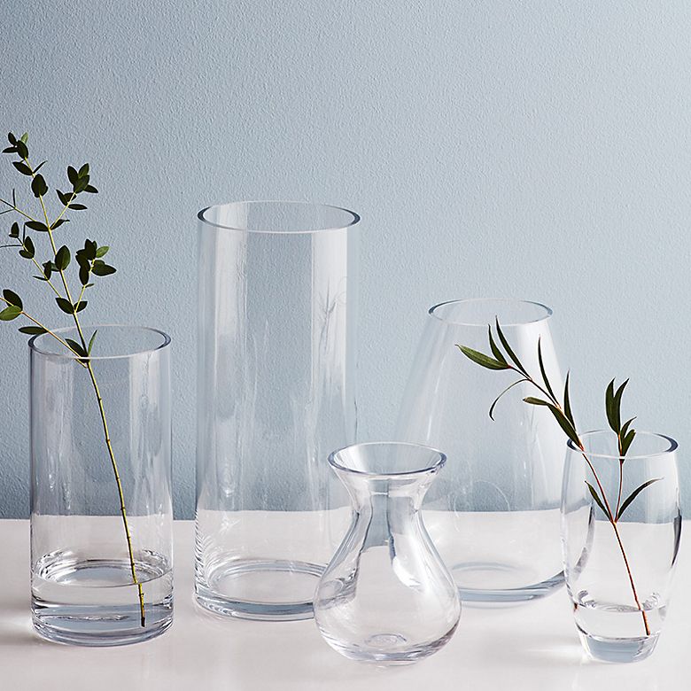 Glass vases of different shapes and sizes filled with stems of foliage