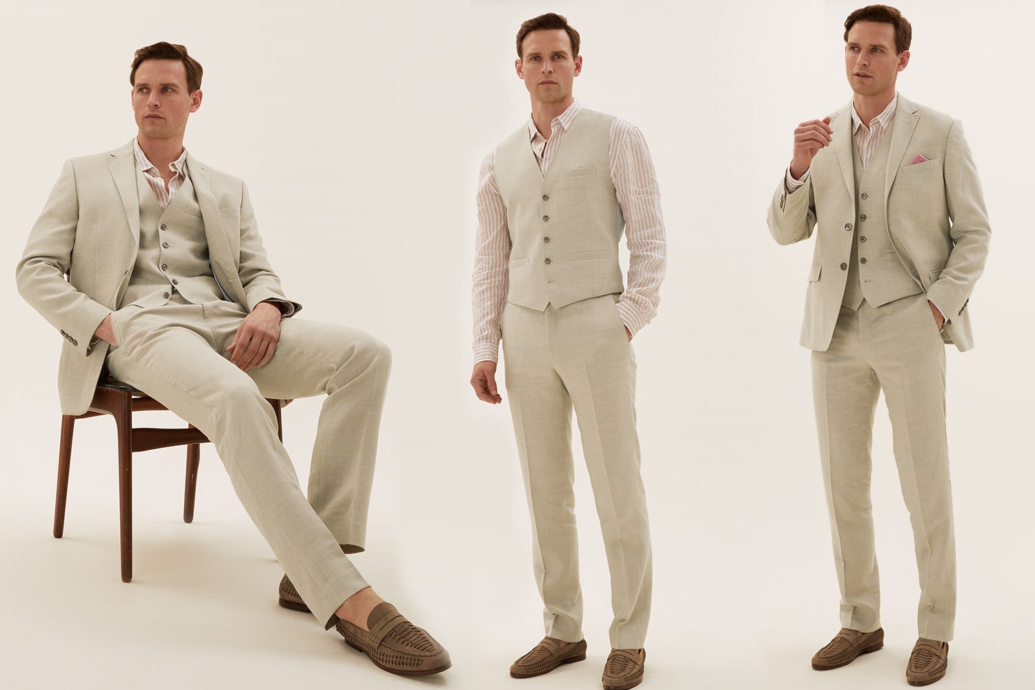 Man wearing beige Linen Miracle suit