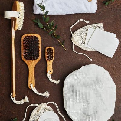 Body brush, hair brushes, hair turban, shower cap, reusable cotton pads and cloths
