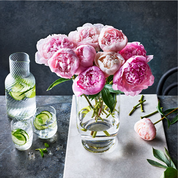 A vase of peonies